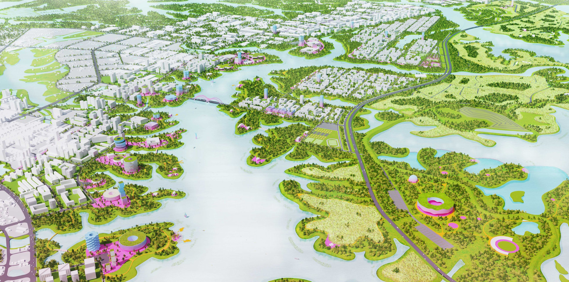 UrbanLab, aerial rendering of Yuanjiang City Master Plan