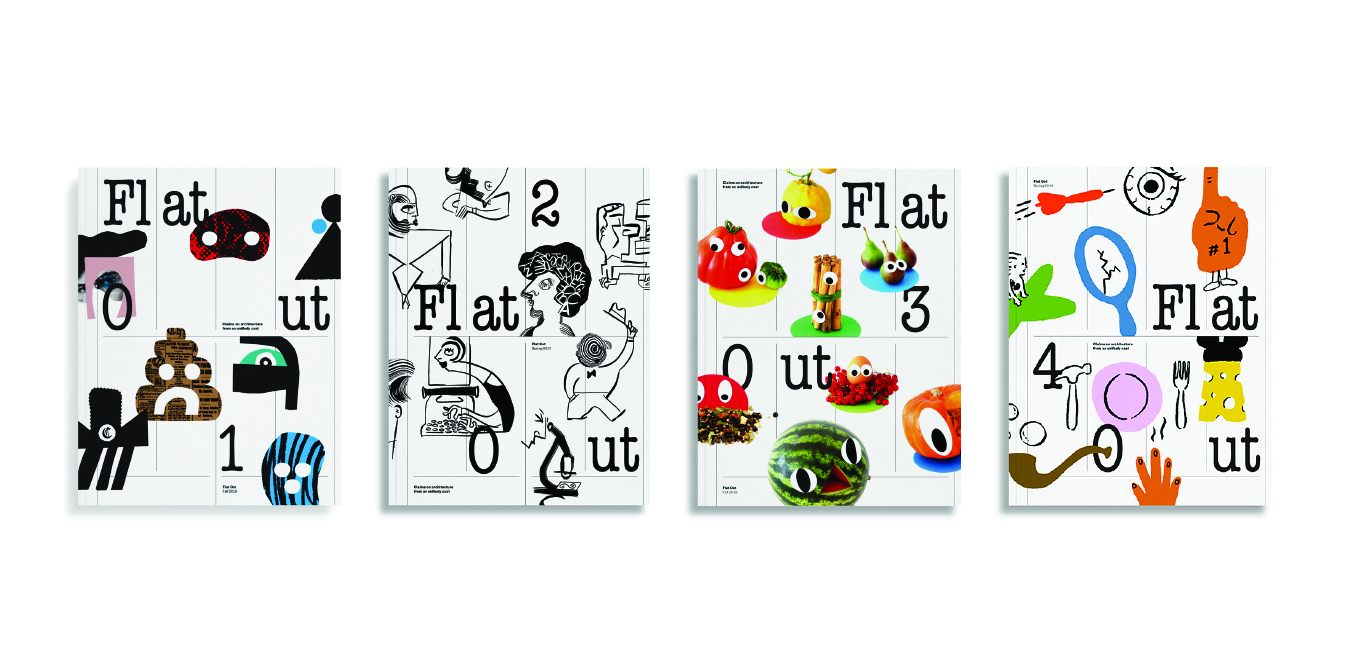 Covers of the first four issues of Flat Out, 2016–20